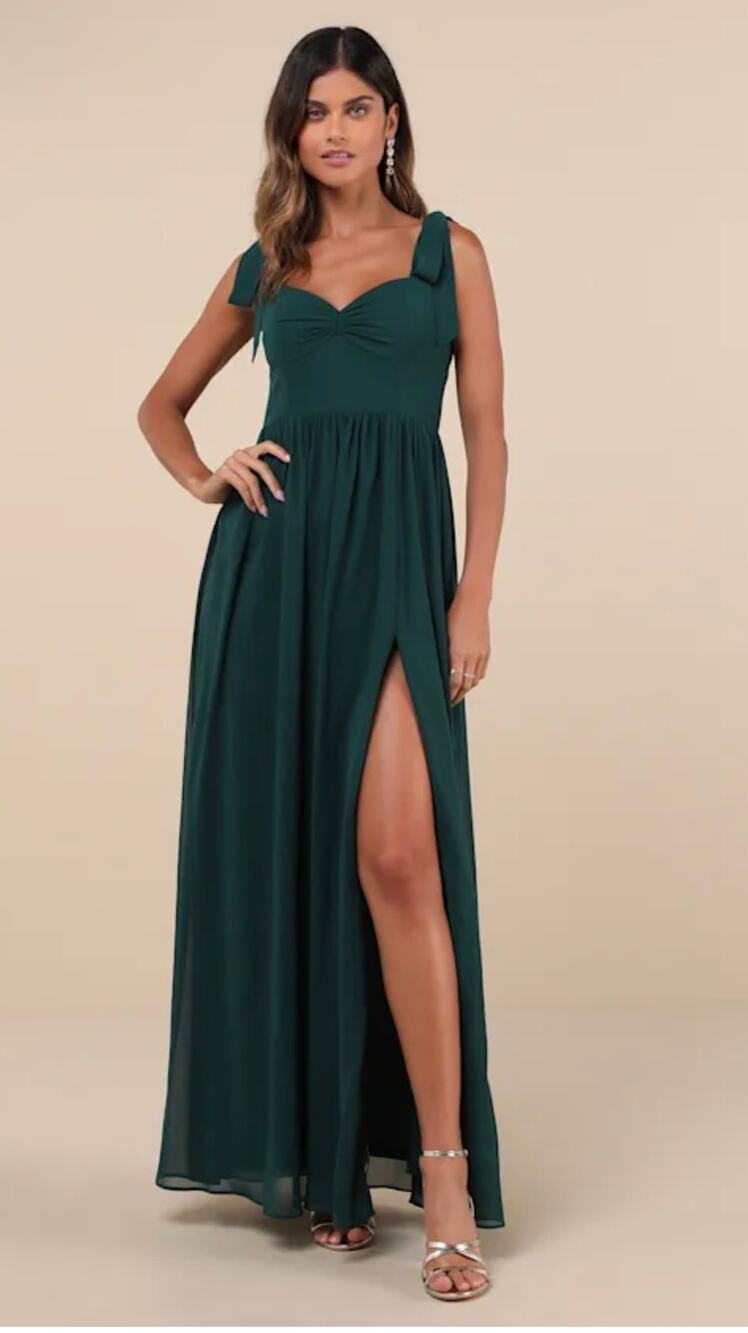 NWT! Lulus Radiant Charisma Emerald Chiffon Ruched Tie-Strap Maxi Dress M